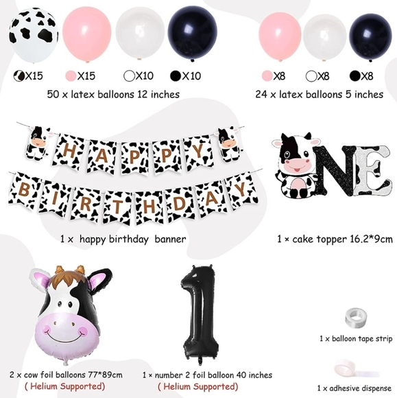 ANIMAL COW FARM FIRST BIRTHDAY PARTY SET UP BALLOONS GARLAND BANNER CAKE TOPPER - Picture 2 of 2